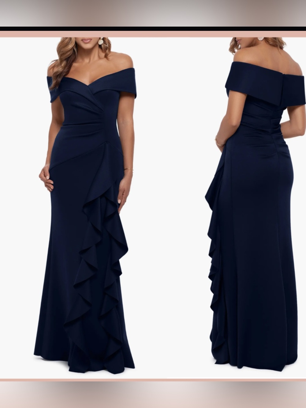 Xscape Navy One-Shoulder Ruffle Evening Gown